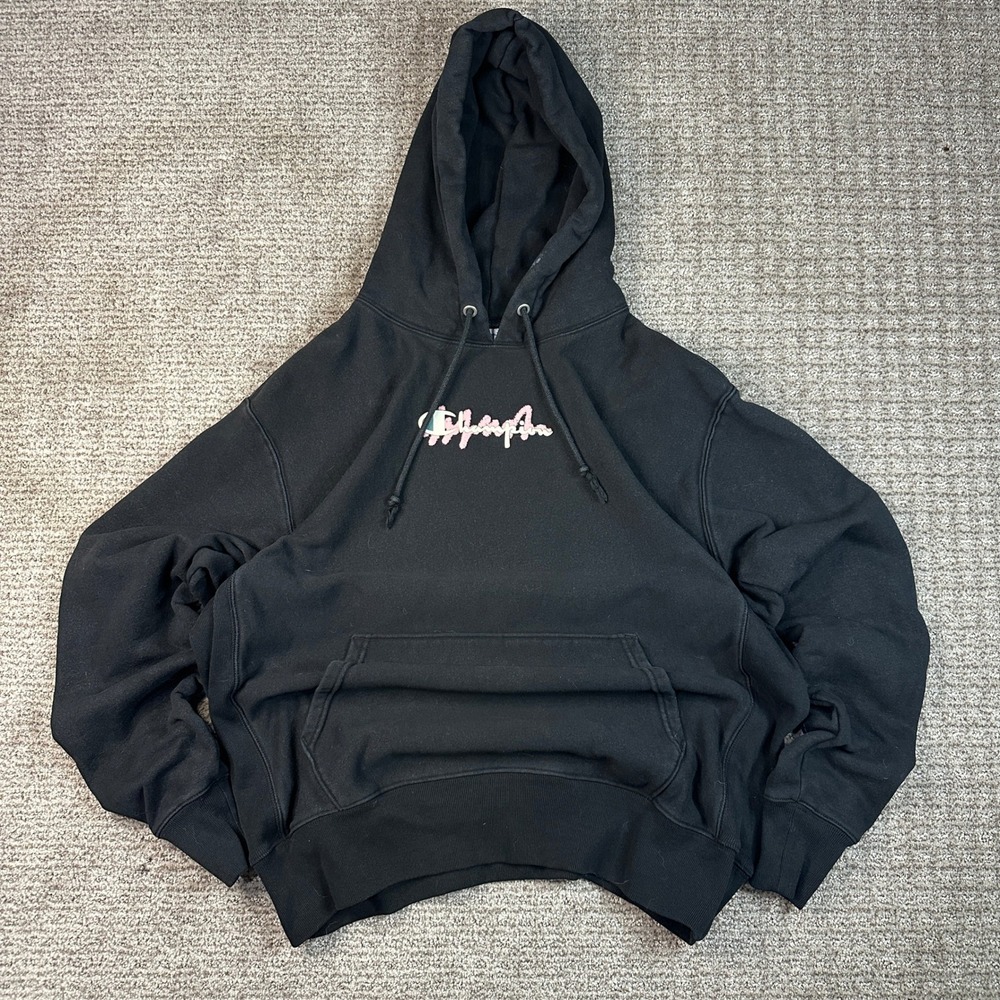 Champion Reverse Weave Hoodie Mens Large Black Pink Script Logo Sweatshirt